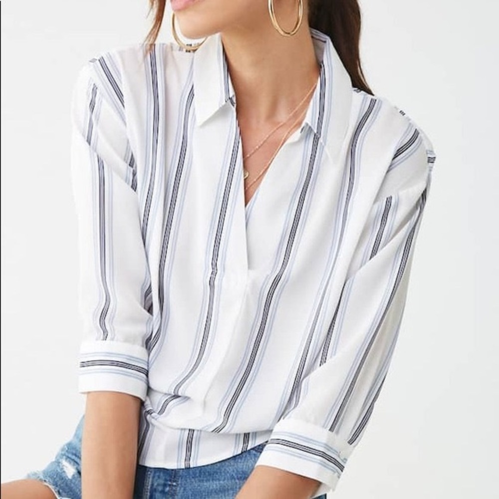 Forever 21 White, Blue, and Navy Striped Tie Back Collared Blouse Top